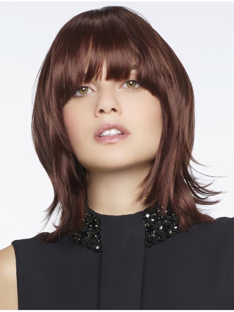 Amazing Auburn Shoulder Length Straight With Bangs Capless High Quality Human Hair Women Wigs