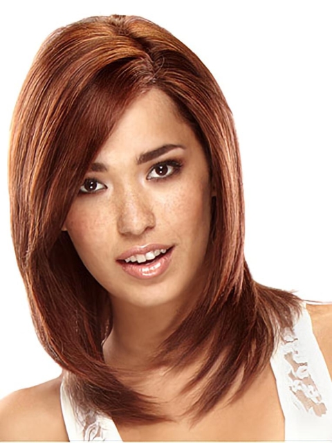 Exquisite Auburn Straight Shoulder Length Lace Front Human Hair Women Wigs