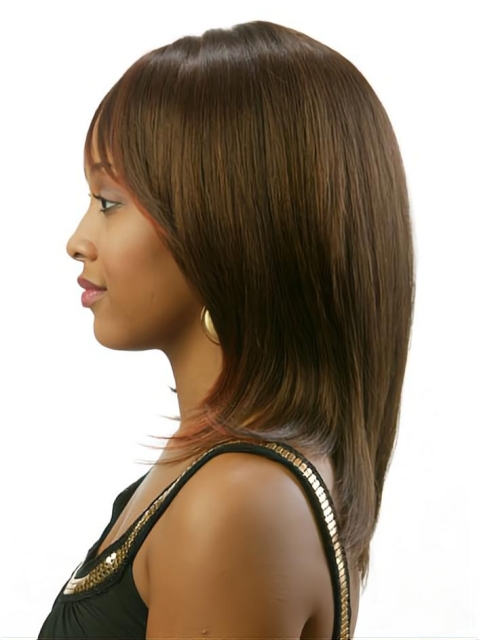 Beautiful Brown Straight With Bangs Shoulder Length Capless Human Hair African American Women Wigs