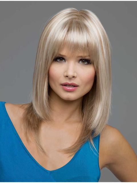 Ideal Blonde Straight With Bangs Shoulder Length Lace Front Synthetic Women Wigs