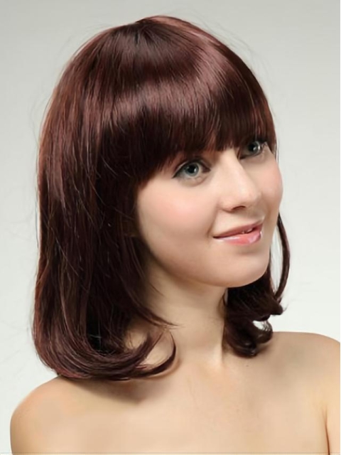 Fashionable Auburn Straight Shoulder Length With Bangs Capless Human Hair Women Wigs