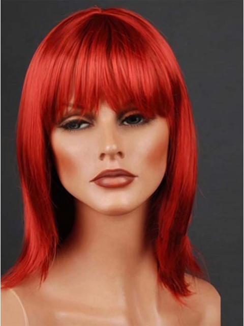 Red Shoulder Length Straight With Neat Bangs Monofilament Synthetic Women Wigs