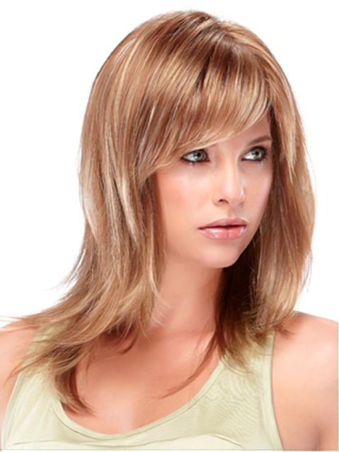 Convenient Brown Straight With Bangs Medium Synthetic Women Wigs