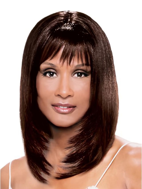  Young and Modern Mid-length Layered Straight with Bangs Lace Front Human Hair Beverly Johnson Wig 