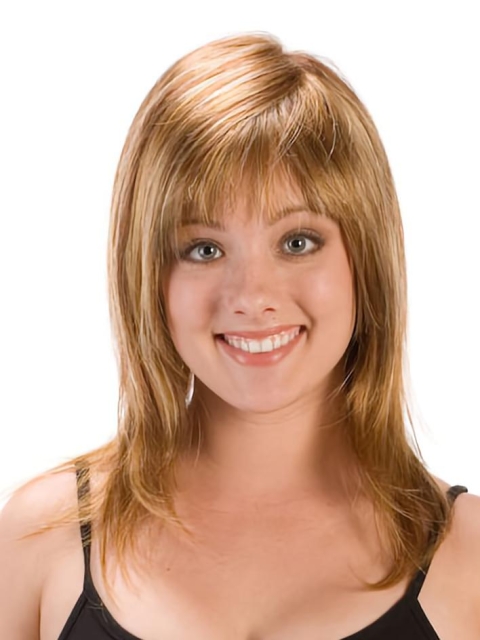 Convenient Blonde Straight Shoulder Length With Bangs Capless Synthetic Women Wigs