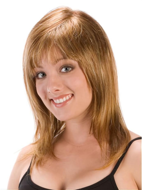 Convenient Blonde Straight Shoulder Length With Bangs Capless Synthetic Women Wigs