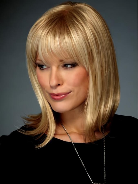 Fabulous Blonde Straight Shoulder Length With Bangs Lace Front Synthetic Women Wigs