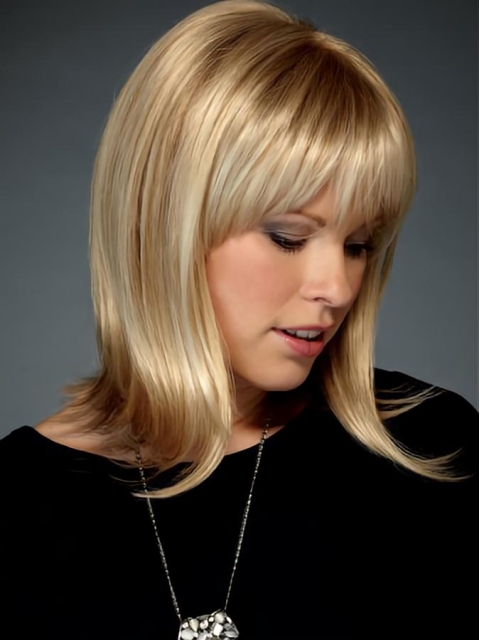 Fabulous Blonde Straight Shoulder Length With Bangs Lace Front Synthetic Women Wigs