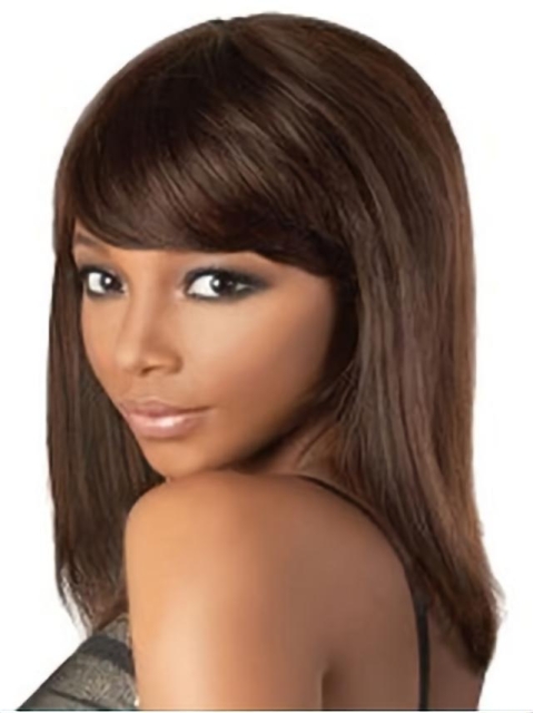 Fashion Auburn Straight Shoulder Length Capless Human Hair African American Wigs