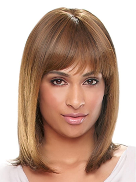 Exquisite Auburn Straight Shoulder Length With Bangs Capless Synthetic African American Wigs