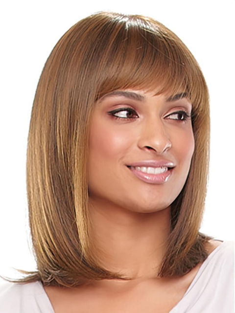 Exquisite Auburn Straight Shoulder Length With Bangs Capless Synthetic African American Wigs