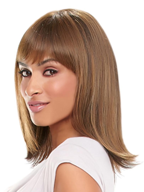 Exquisite Auburn Straight Shoulder Length With Bangs Capless Synthetic African American Wigs