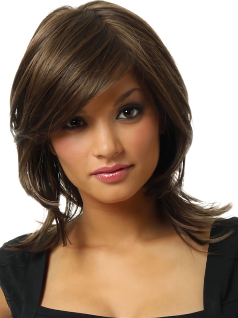 Tempting Straight With Bangs Shoulder Length Lace Front Synthetic Women Wigs For Cancer