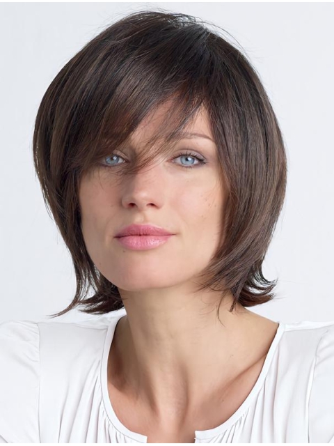 Brown Shoulder Length Straight With Bangs Lace Front Fantastic Human Hair Women Wigs