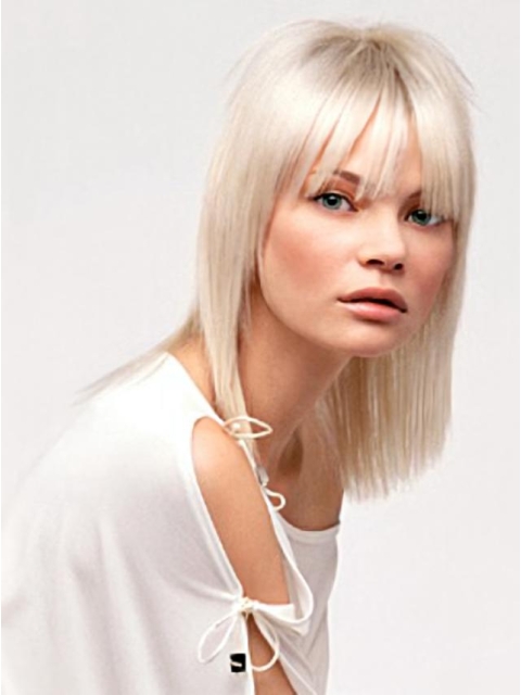 Young Fashion Platinum Blonde With Bangs Shoulder Length Straight Lace Front Wigs