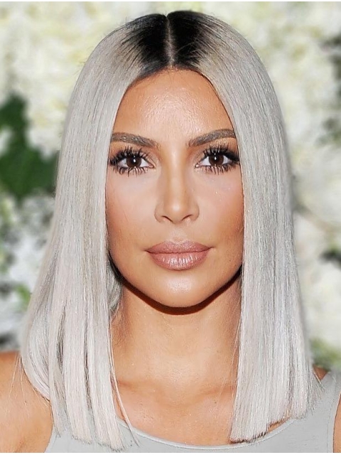  Straight Without Bangs Medium Length Lace Front Synthetic Grey Kim Kardashian Wigs