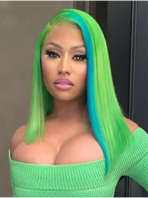  Straight Without Bangs Shoulder Length Lace Front Synthetic Green Minaj Wigs