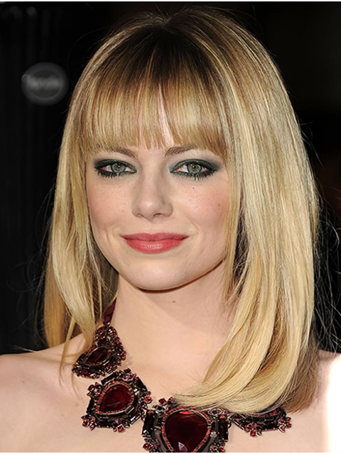 Full Lace Shoulder Length Blonde Straight With Bangs Synthetic Emma Stone Wigs