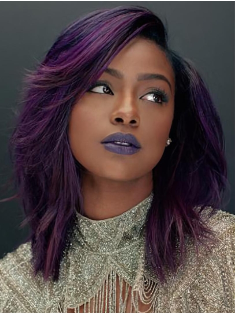 Purple Shoulder Length Straight Lace Front Layered Synthetic Women Justine Skye Wigs