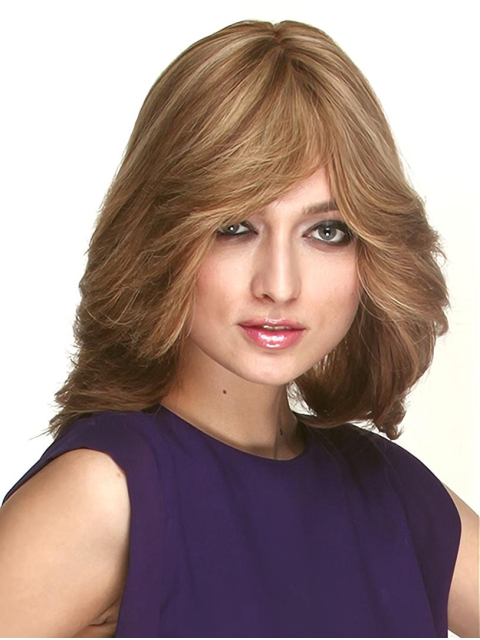 Brown Wavy With Bangs Shoulder Length Monofilament Human Hair Women Wig