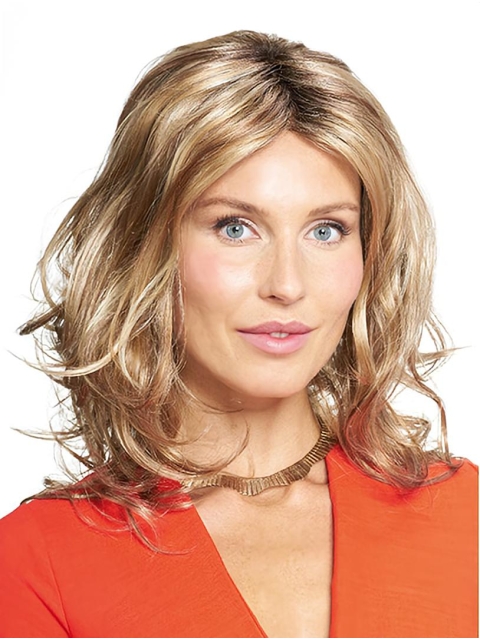 Blonde Wavy Shoulder Length Monofilament Synthetic Women Medium Wigs