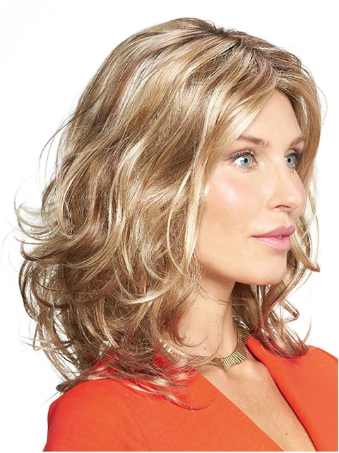 Blonde Wavy Shoulder Length Monofilament Synthetic Women Medium Wigs