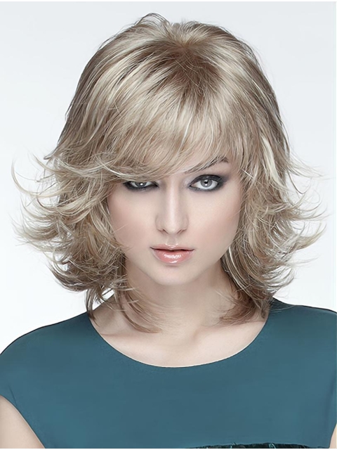 Wavy Medium  Blonde With Bangs Mono Synthetic Women Wigs 