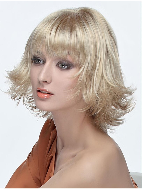 Shoulder Length Blonde Wavy Monofilament  Classic Synthetic Wigs For Women