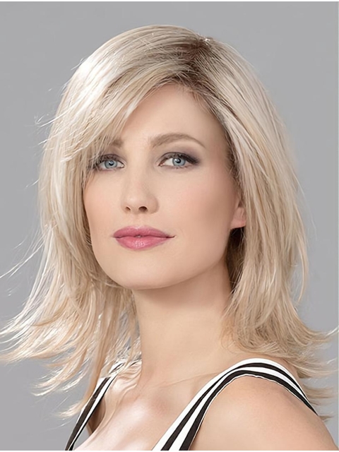 Blonde Wavy Shoulder Length Layered Mono Human Hair Wigs For Lady