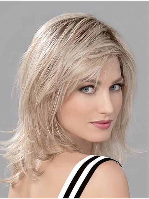 Blonde Wavy Shoulder Length Layered Mono Human Hair Wigs For Lady