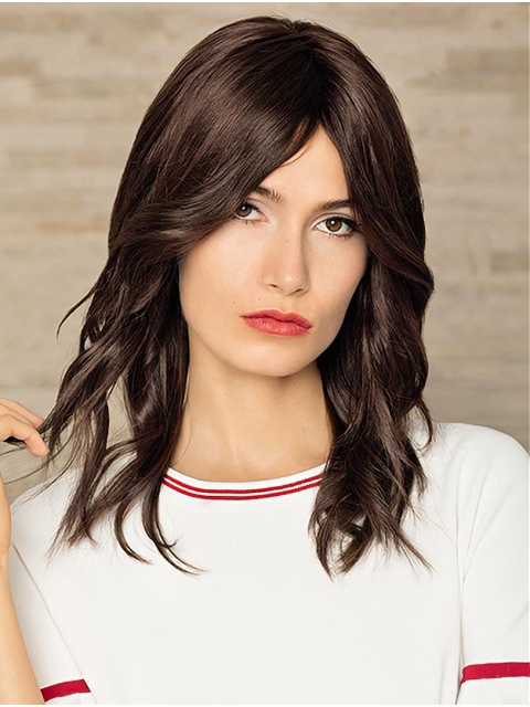 Brown Medium Wavy Without Bangs Lace Front Remy Human Hair Women Wigs