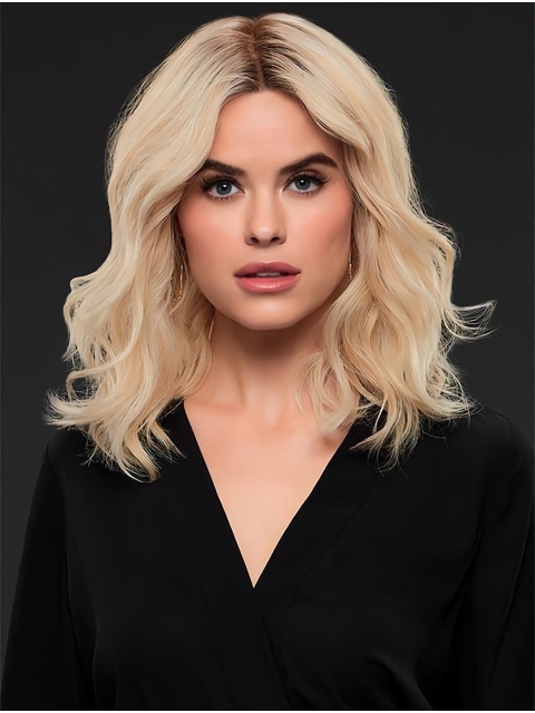 Blonde Wavy Without Bangs Layered Shoulder Length Medium Synthetic Women Wigs