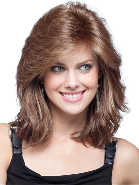 Flexibility Auburn Wavy Shoulder Length Remy Human Lace Wigs