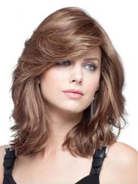 Flexibility Auburn Wavy Shoulder Length Remy Human Lace Wigs