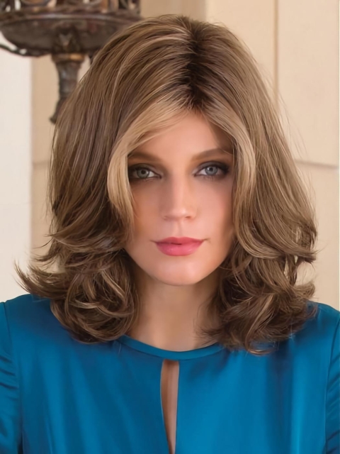 Wavy Brown Shoulder Length Capless Synthetic Women Wigs