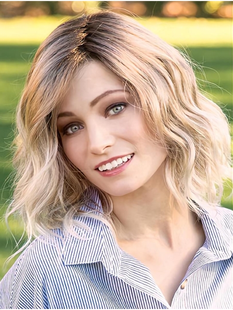 Blonde Wavy Layered Shoulder Length Online Monofilament Synthetic Women Wigs