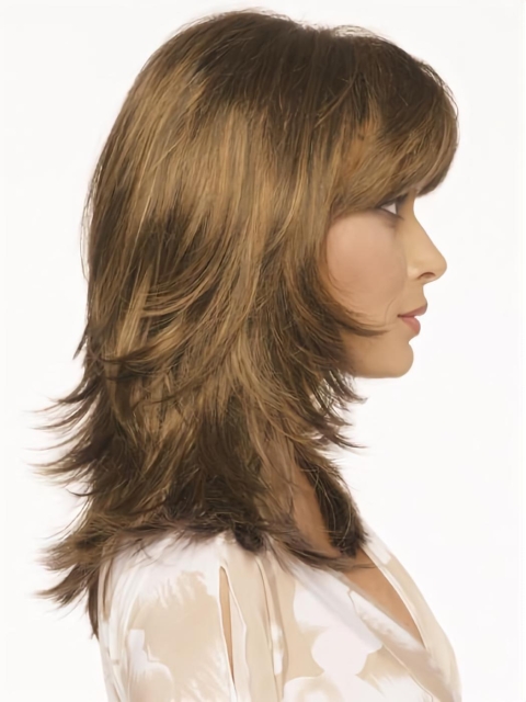 Brown Shoulder Length Wavy With Bangs Mono Classic Synthetic Women Wigs