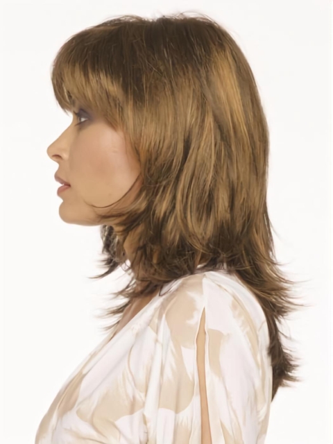 Brown Shoulder Length Wavy With Bangs Mono Classic Synthetic Women Wigs