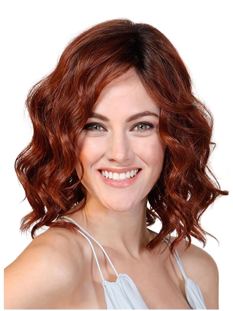 Red Wavy Without Bangs Mono Synthetic Women Wigs For Cancer Patients