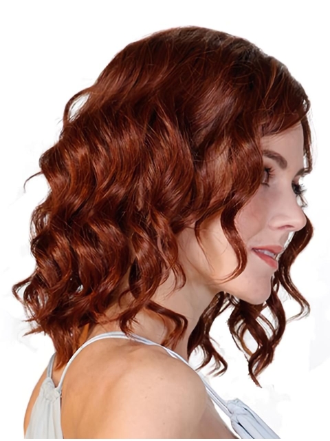 Red Wavy Without Bangs Mono Synthetic Women Wigs For Cancer Patients