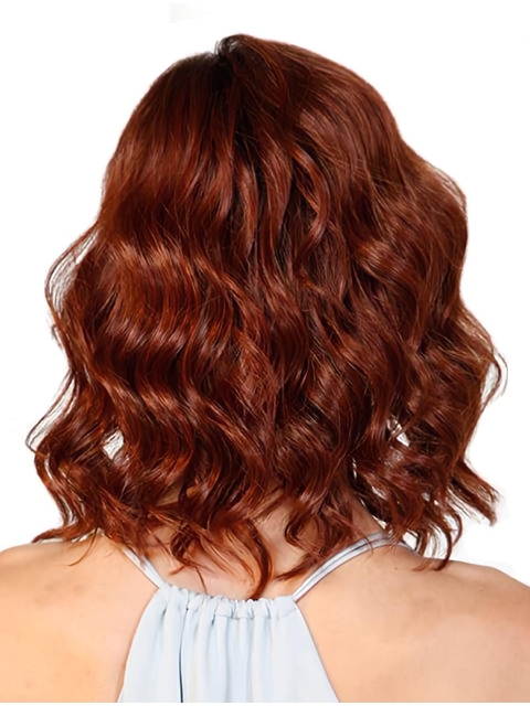 Red Wavy Without Bangs Mono Synthetic Women Wigs For Cancer Patients