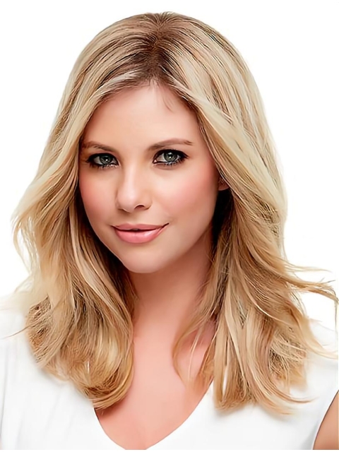 16" Blonde Wavy Without Bangs Mono Top Human Hair Women Wigs