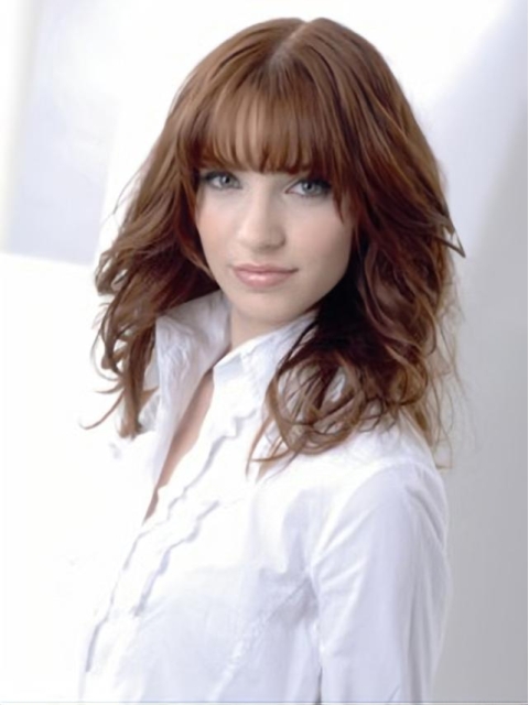 Amazing Auburn Wavy With Bangs Shoulder Length Capless Human Hair Women Wigs