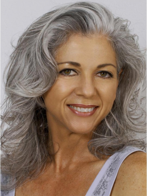  Shoulder Length Wavy Hand Tied Human Hair Grey Lady Wigs 