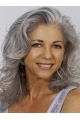  Shoulder Length Wavy Hand Tied Human Hair Grey Lady Wigs 