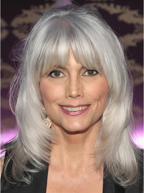 Silver Lady Shoulder Length Wavy With Bangs Lace Front Synthetic Grey Women Wigs