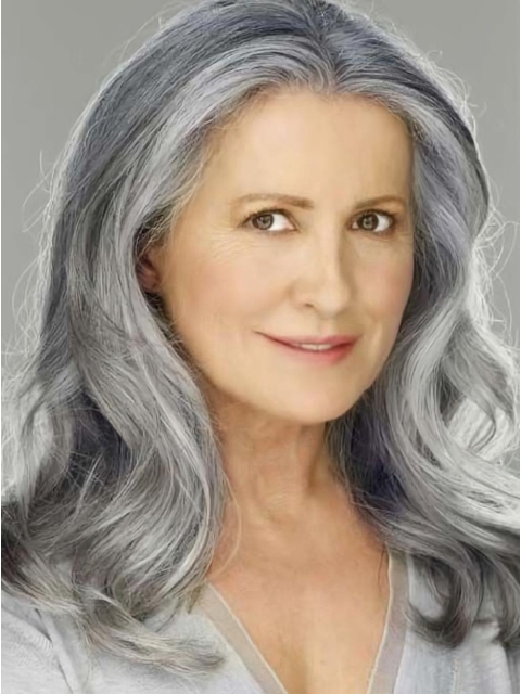 Wavy Shoulder Length Lace Front Human Hair Grey Wigs for Lady