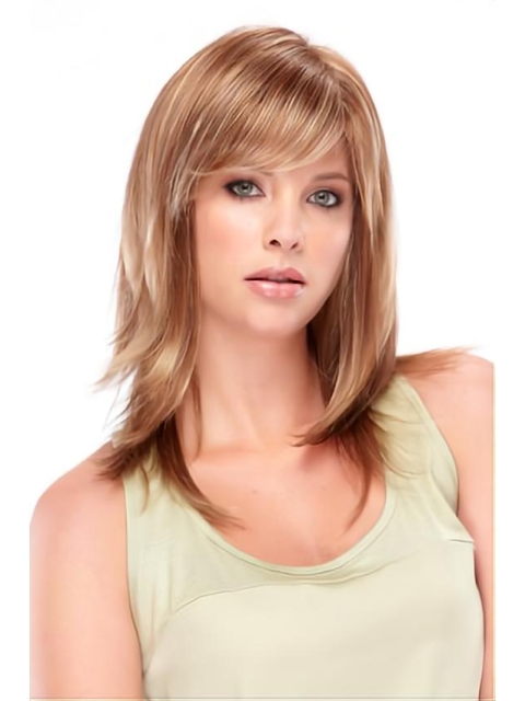 Blonde Wavy With Bangs Shoulder Length Lace Front Synthetic Women Wigs