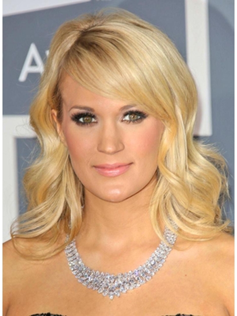 Unique Blonde Wavy With Bangs Shoulder Length Hand-tied Human Hair Women Celebrity Wigs