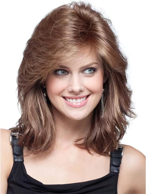 Perfect Brown Wavy With Bangs Capless Synthetic Women Wigs